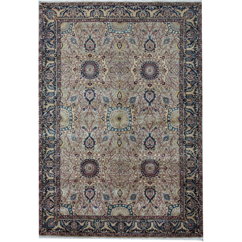 Tapis doré et bleu noué à la main de haute qualité