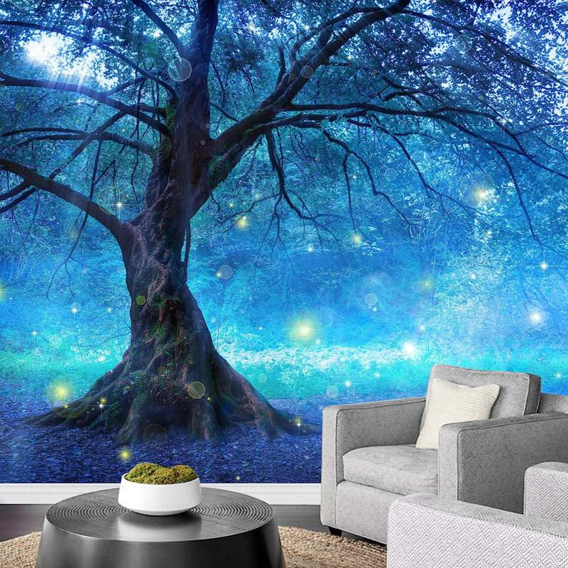 Murale arbre féerique en forêt mystique, L 100 po x l 144 po