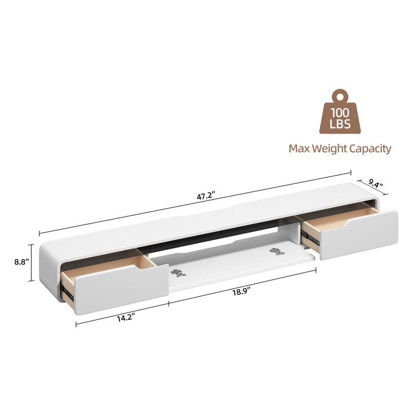 Meuble télé 47 po flottant entièrement assemblé, blanc ultrabrillant, 8.8"H x 47"L x 9.4"W, Blanc
