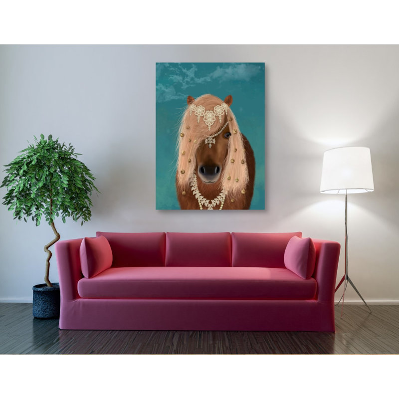 «Horse Brown Pony with Bells, Portrait» par Fab Funky, art mural sur toile, H 54 po x l 40 po x P 1,5 po