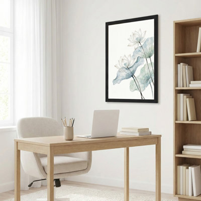 Art mural sur toile noir encadré en bois pour le salon, la chambre à coucher, le bureau ou le vestibule - Décoration murale décorative avec fleurs aquarelles