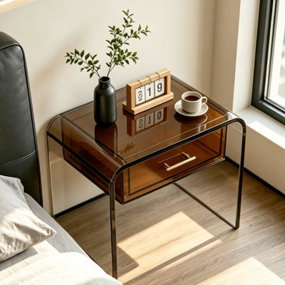 Table de chevet de luxe en acrylique transparent léger, 45 cm (H) x 50 cm (L), avec cadre incurvé et tiroir, meuble de rangement d'appoint pour chambre, salon ou canapé.