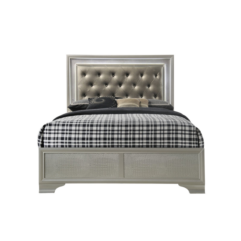 Champagne Colored Crocodile Skin Upholstered Led Bed With Slats And Support Legs Pattern Headboard Cushion Leg