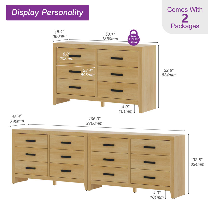 106'' W Rustic Tv Stand With 12 Drawers, Fits Tvs Up To 120'', Oak
