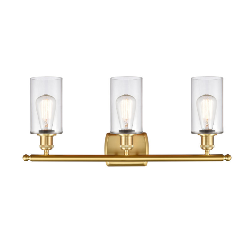 Éclairage de salle de bain à intensité variable à 3 lumières Mallette, Or satiné, Transparent, Ampoule DEL rétro de 3,5 watts