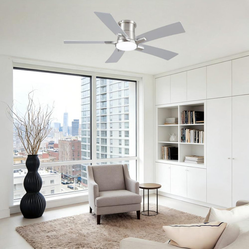 Modern 46" Indoor Brushed Nickel Flush Mount Ceiling Fan with Integrated LED, Remote and  5 Two-Tone Blades, Silver, 46"