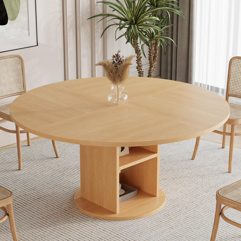 Table de salle à manger ronde pour 4-6 personnes, table de cuisine en bois avec tablette de rangement à 2 niveaux et base circulaire robuste, naturel