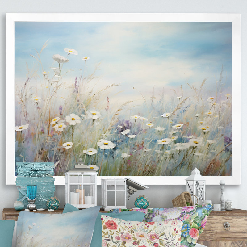 «White Wildflowers Whispering Breeze I», reproduction sur toile, Cadre simple blanc, H 30 po x l 40 po x P 1,5 po