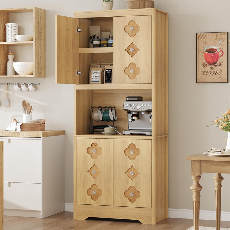 Armoire de cuisine de 72 po de hauteur avec tablette ouverte, boutons en cristal, support pour micro-ondes et rangement réglable
