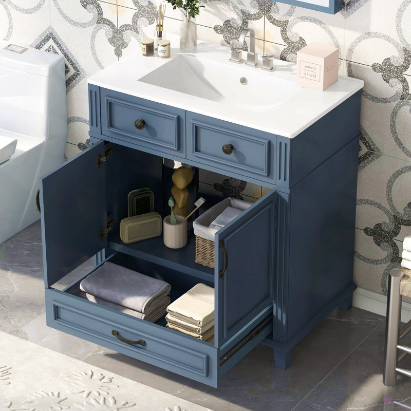 Meuble-lavabo de 30 po avec lavabo en céramique, armoire de rangement en bois massif avec portes à fermeture douce, style rétro