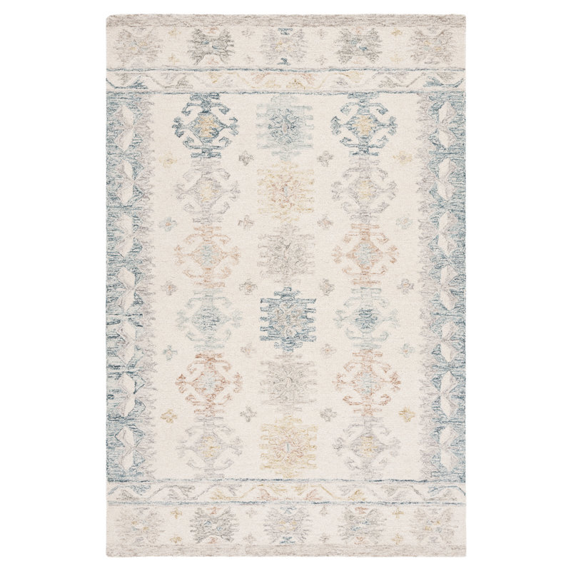 Kratzer Moroccan Handmade Tufted Wool/Cotton Area Rug in Ivory/Blue, Rectangle 8' x 10'
