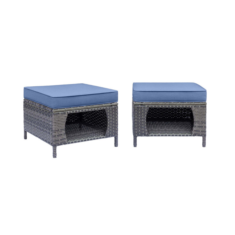 Repose-pieds d'extérieur en osier avec coussin Raghida, Bleu denim, Gris