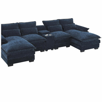 Ensemble de canapé moderne en forme de U 123 * 55 "avec console, porte-gobelet et chargeur USB, mobilier d'intérieur symétrique à 6 places, canapé en nuage de velours confortable avec fauteuil inclinable, adapté pour le salon, appartement, 5 couleurs