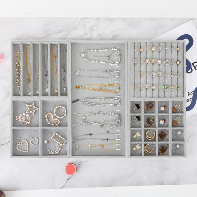 Ensemble de 5 plateau à bijoux pour tiroir, organisateur de bijoux empilable 14 po, rangement pour bijoux pour boucles d'oreilles, collier, bracelet, montre avec cloison amovible, gris