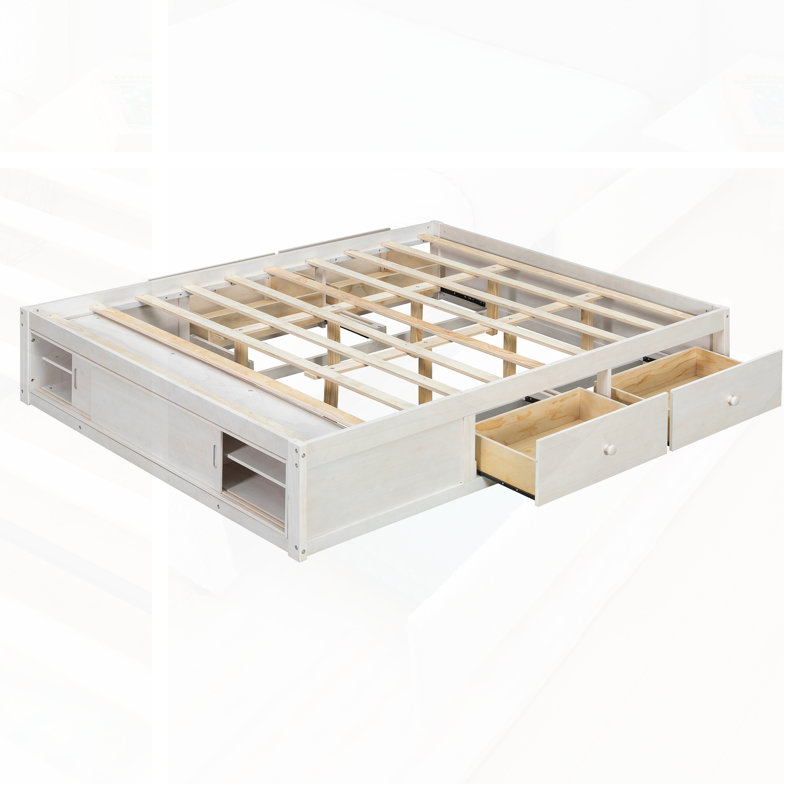 Queen Size Platform Bed Frame With 4 Storage Drawers; Slat Kit And Footboard Storage Cubby, No Headboard, Modern Space-Saving Design