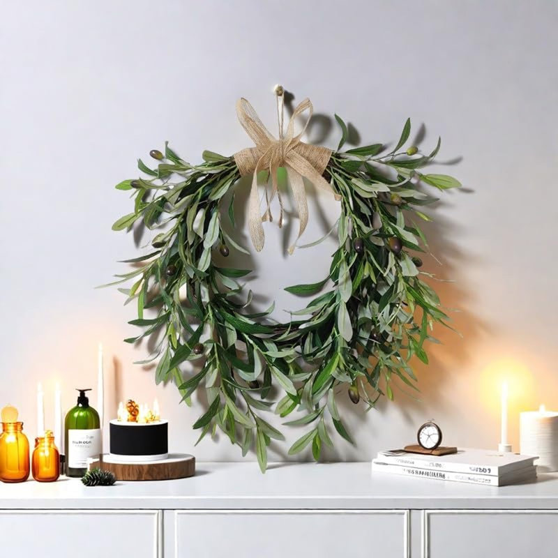 Ensemble de 2 couronnes de Noël en forme de cœur de 19,6 po avec baies et nœuds, feuille d'olivier artificielle et décor de fruits pour la porte d'entrée, le mur, le manteau de cheminée, la décoration des Fêtes