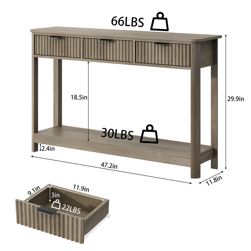 Console 47,2 po avec 3 tiroirs cannelés Denise, Gris, Gris