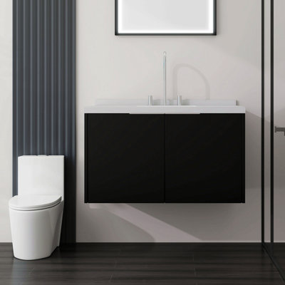 Meuble-lavabo flottant 36 po avec lavabo, porte à fermeture en douceur, comptoir et dosseret en marbre de culture blanc de 2 po Carrara