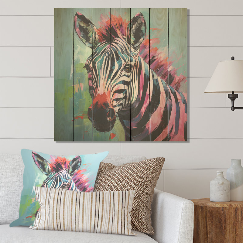 Rose et vert Boho Zebra III - Animal zèbre sur bois, H 30 po x l 30 po
