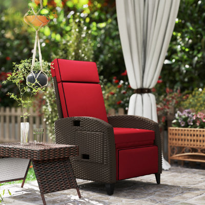 Outdoor Recliner Chair with Adjustable Backrest, Cushion, Red