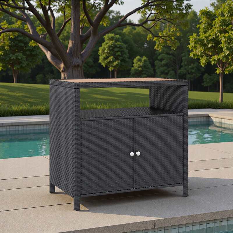 Outdoor Storage Cabinet with Acacia Wood Top, Two Doors, Shelf, Wicker Bar Table for Pool Towel Storage, Black
