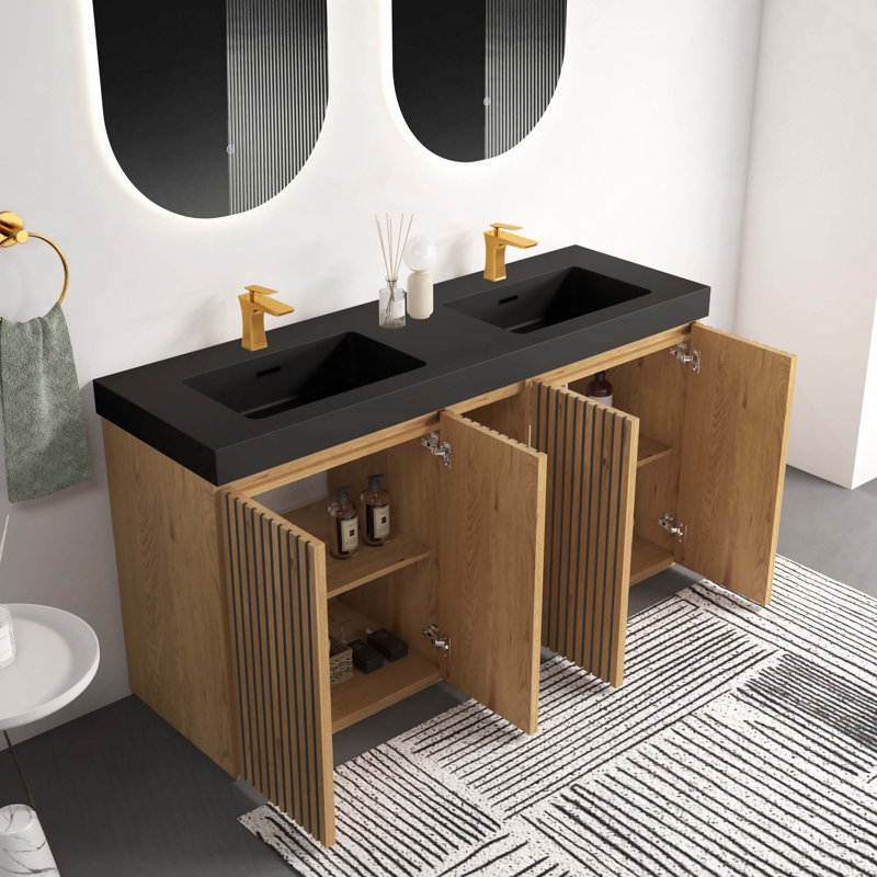 Meuble-lavabo autoportant avec lavabo intégré et solutions de rangement intelligentes, Chêne clair, Noir