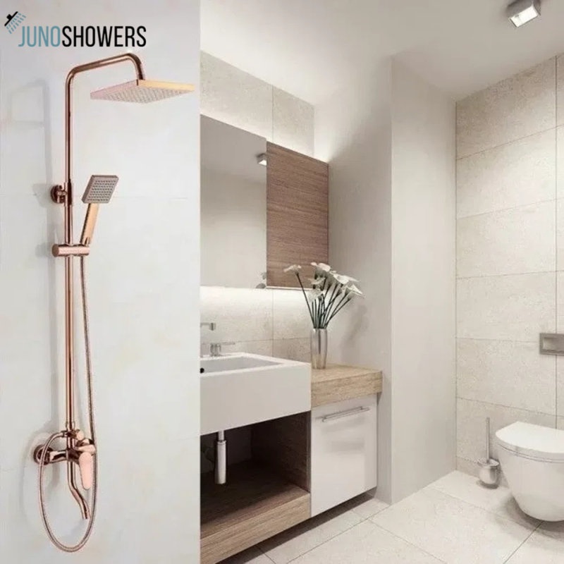 Juno Contemporary Rose Gold Square 8 Inch Rain Shower Head With Shower Faucet