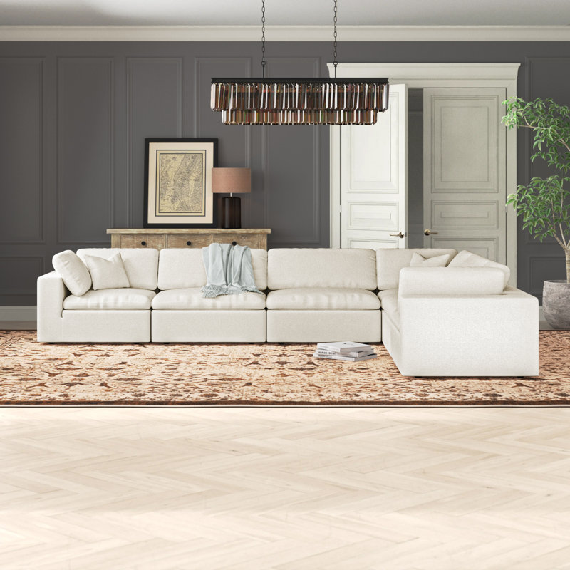 Burrows 158" Wide Linen Down Cushion Modular Corner Sectional, Cream Linen Textured Fabric