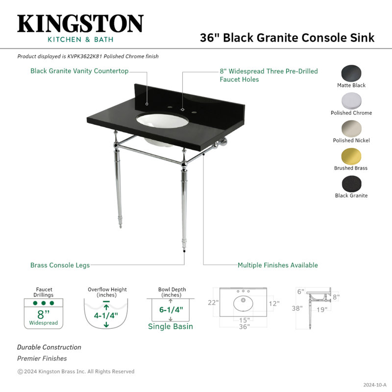 Kingston Brass Edwardian 36-Inch Black Granite Console Sink with Brass Legs (8-Inch, 3-Hole), Polished Nickel