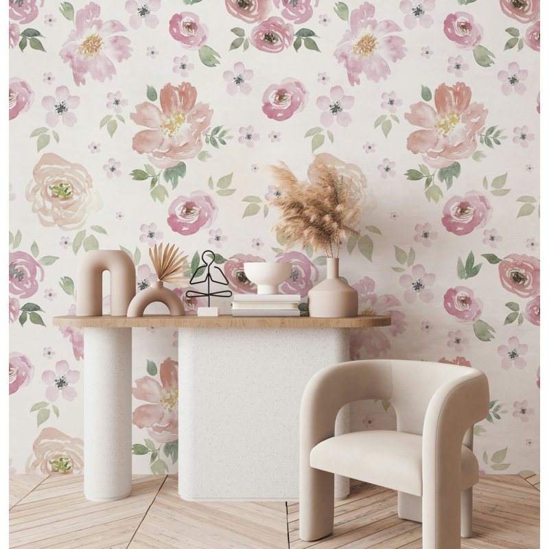 Papier peint floral aquarelle rose tendre sur fond blanc, L 50 po x l 75 po