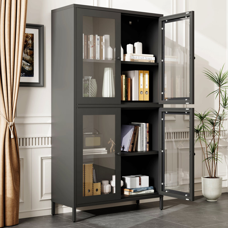 Classic Metal Storage Cabinet Display Cabinet With 4 Glass Doors 4 Shelves Cabinet Freestanding Bookcase Side Cabinet For Home Office Living Room Kitchen Hallway