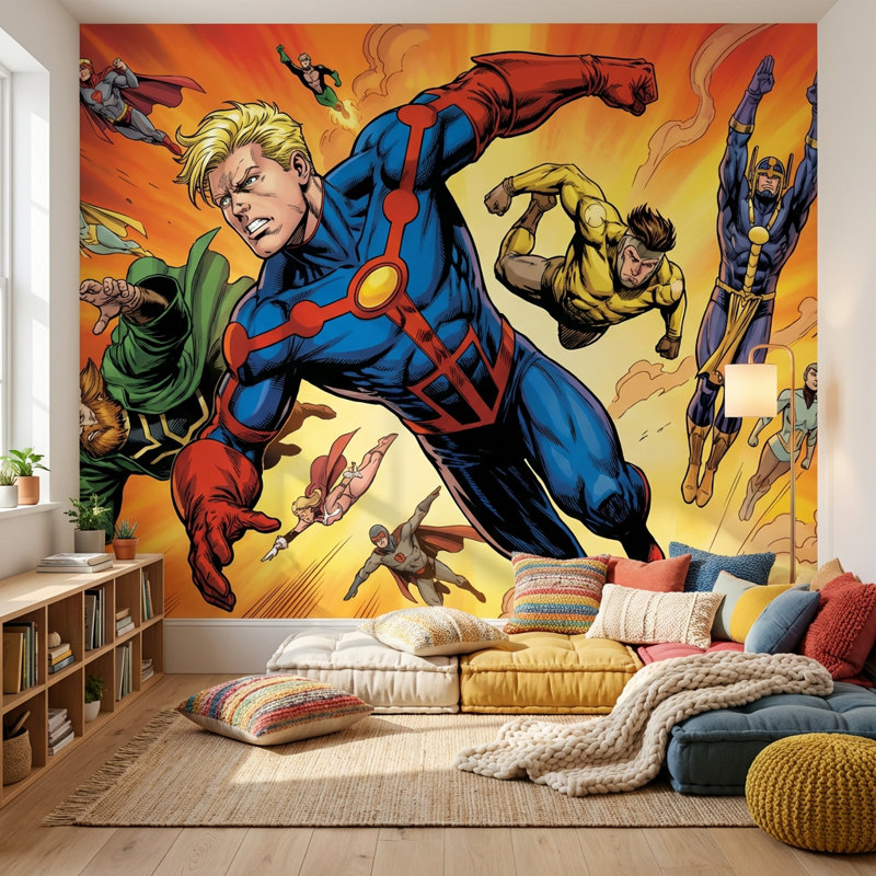 Superheroes Wallpaper Comic Flying Wall Mural, 200"x120", Peel and Stick