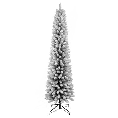 7FT Flocked Pencil Christmas Tree – Slim PVC Tree With 469 Snowy Tips, Space-Saving Design, Realistic Snow Effect, Sturdy Metal Stand, Easy Setup