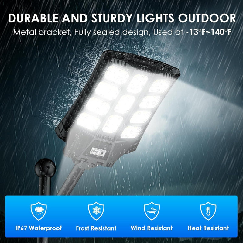 Réverbère solaire 8000W d'extérieur avec capteur de mouvement, projecteur d'inondation à énergie solaire imperméable pour stationnements, fonctionnement crépuscule à l'aube, fixation sur mât ou mural, télécommande