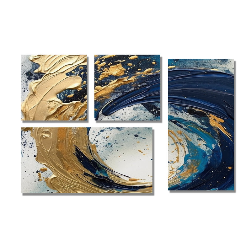Bleu foncé et coups dorés VI - Grandes impressions abstraites sur toile 4 pièces, Toile tendue, Ne s’applique pas