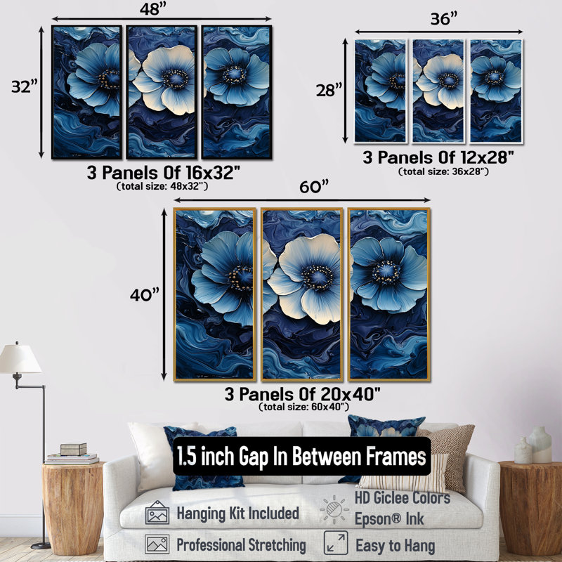 «Aqua Blue Poppies Dreamscape At Night I» - art mural coquelicots - ensemble de 3, H 40 po x l 60 po, Érable