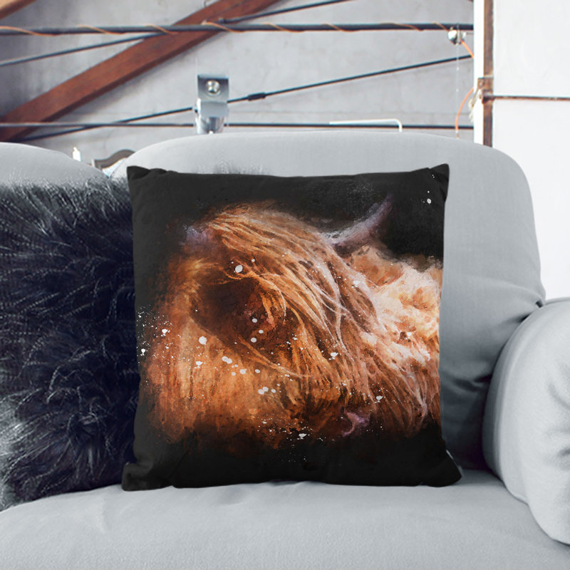 Highland Cow in the Shadows Paint Splash Cushion with Filling, 55cm H x 55cm W x 20cm D