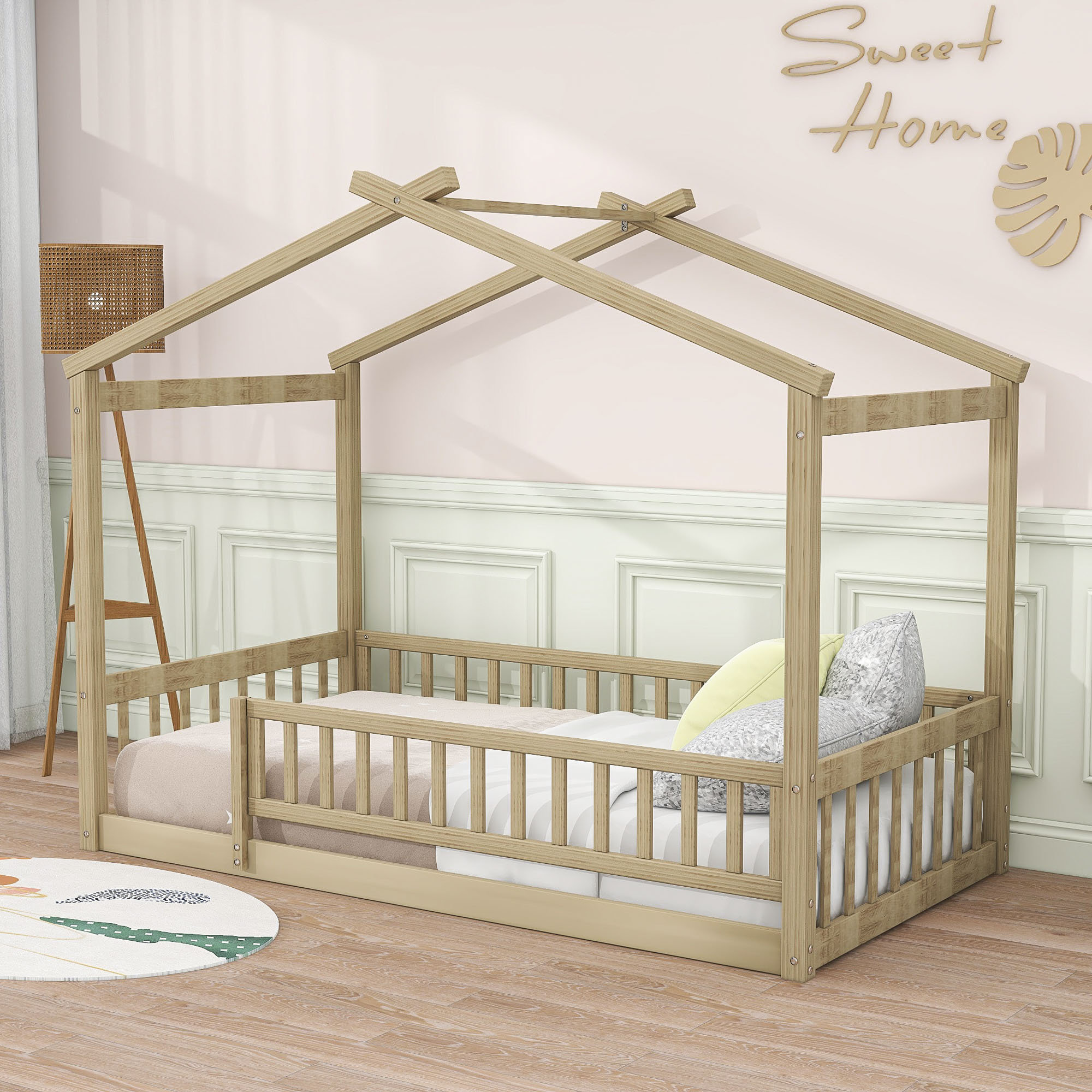 Wooden Platform Bed with Fence