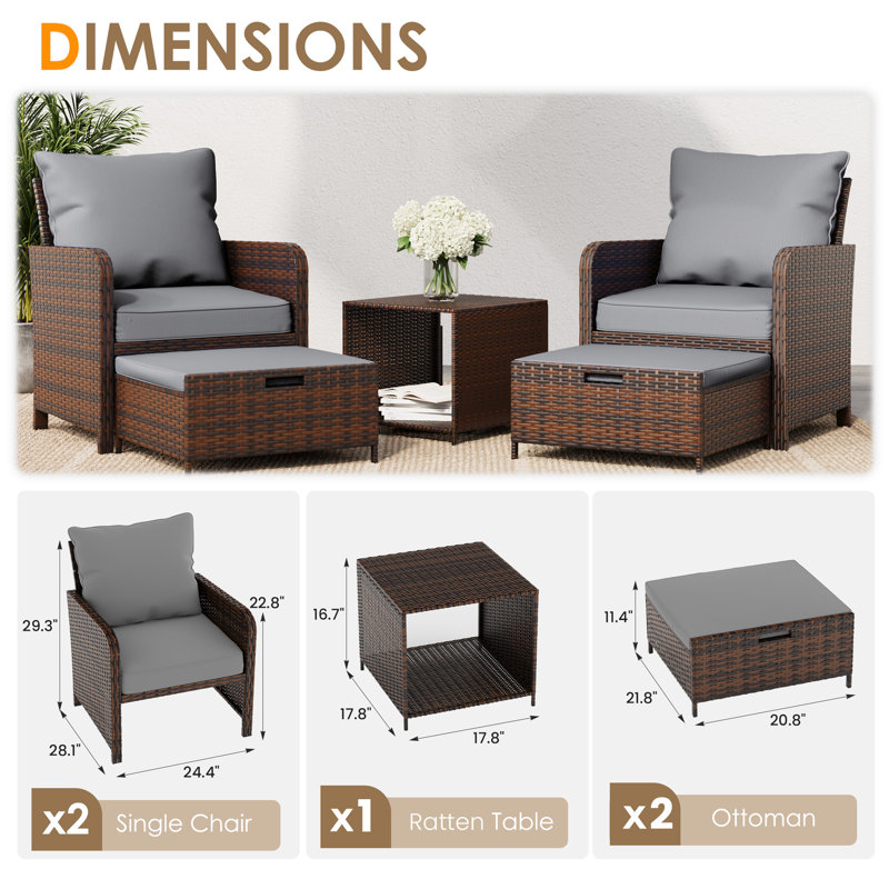 Ensemble de conversation en rotin pour 2 personnes avec repose-pieds Idamarie, Dark Grey, Brun