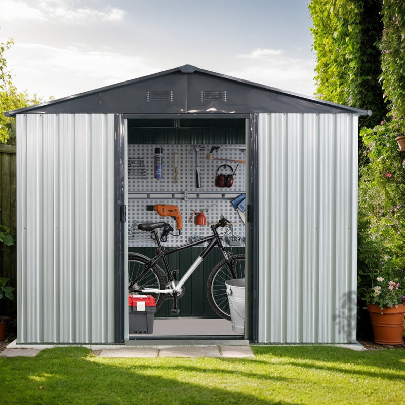 Metal Storage Shed, White/Black Incorrect, 74.75" H x 93" W x 51.75" D