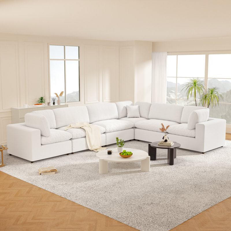 Jossa Upholstered Curved Sectional Right Hand Facing, White Linen Blend