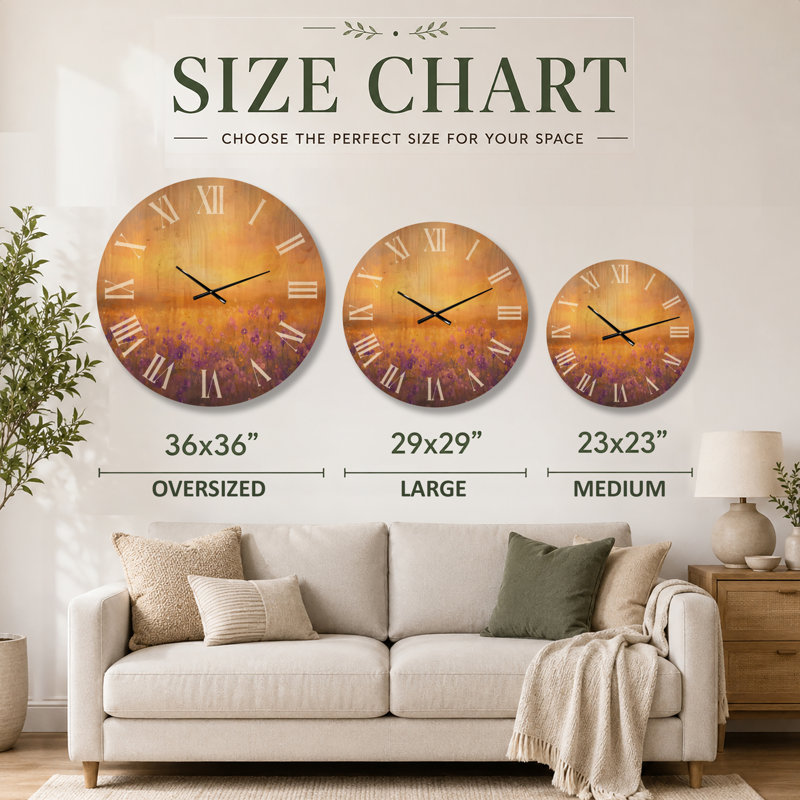 Horloge murale surdimensionnée à motif floral - champ violet doré, imprimée sur bois, Oversized