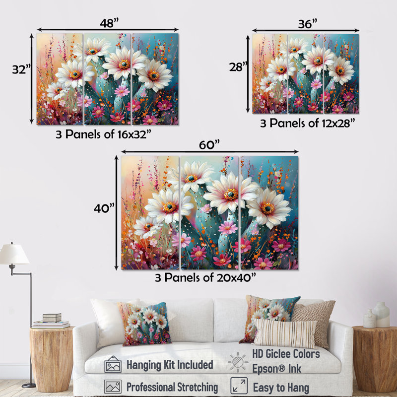 Cactus blanc et rose - Art mural cactus - 3 panneaux, H 28 po x l 36 po, Toile tendue, Ne s’applique pas