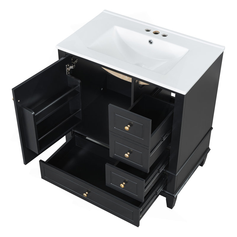 Meuble-lavabo 30 po avec lavabo, une porte avec tablette et trois tiroirs, porte à fermeture douce, noir, Noir et or