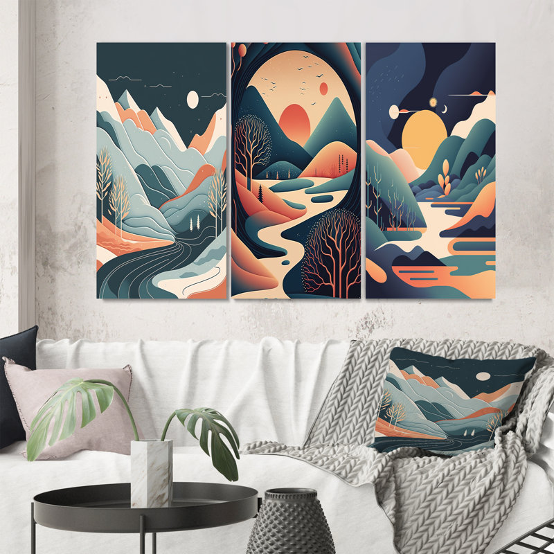 «Graphic Mountain Trees In Orange And Blue», 3 pièces sur toile, Toile tendue, H 20 po x l 36 po