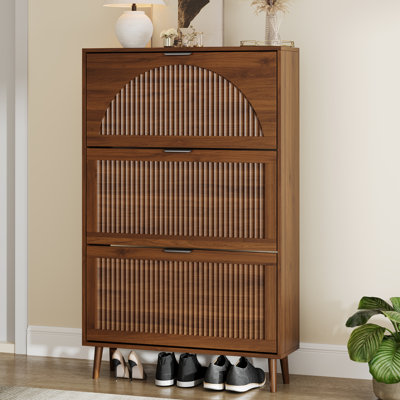 Modern Fluted Shoe Storage Cabinet, 3 Flip Drawers with Adjustable Shelves, Holds Up to 24 Pairs, Freestanding Wood Shoe Organizer for Entryway, Hallway & Living Room