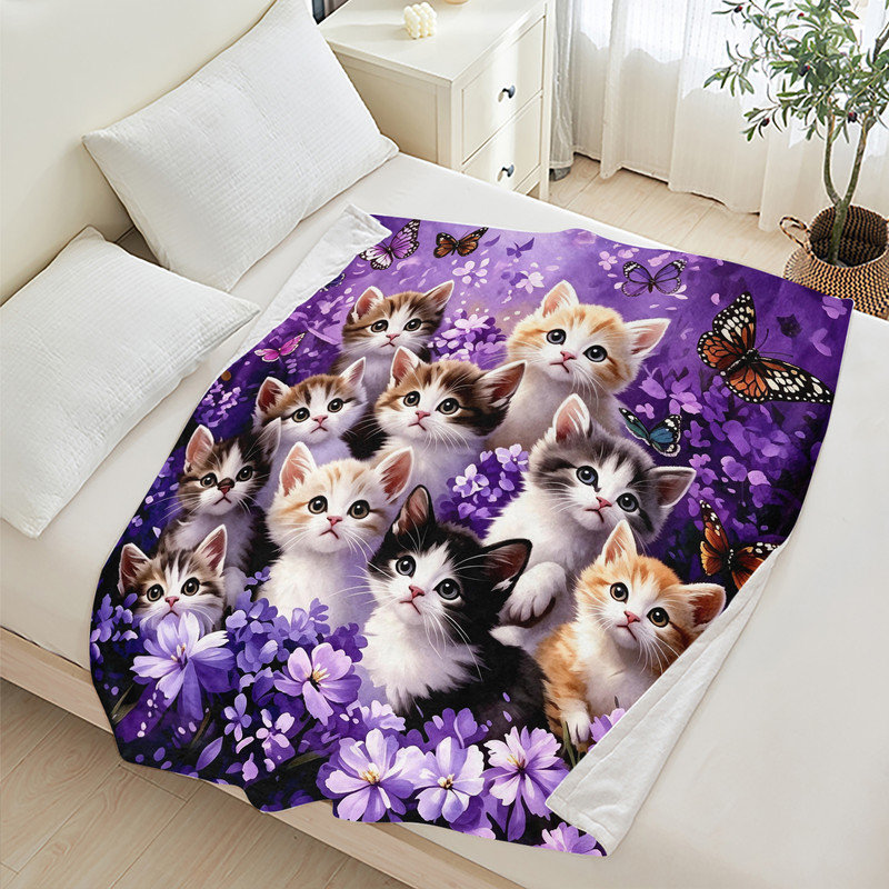 Jeté en flanelle JYK, L 40 po x l 50 po, Kittens Butterflies Flowers