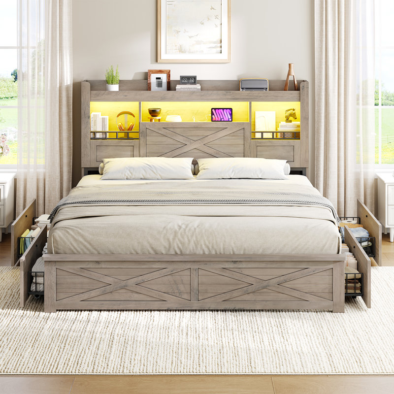 Storage Bed Full with LED Headboard and Charging Station – Farmhouse Platform Bed with 4 Drawers, Flip-Door Cabinets, USB Ports, No Box Spring Needed, Rustic Gray Wood & Metal Frame