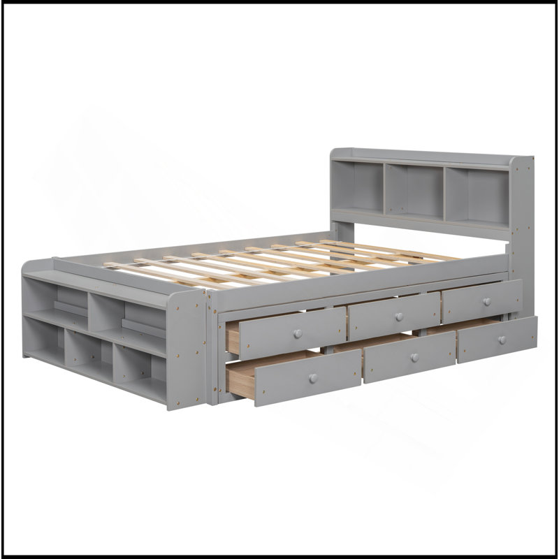 Lit double avec tête de lit bibliothèque, tiroirs de rangement sous le lit et étui de rangement, Gris