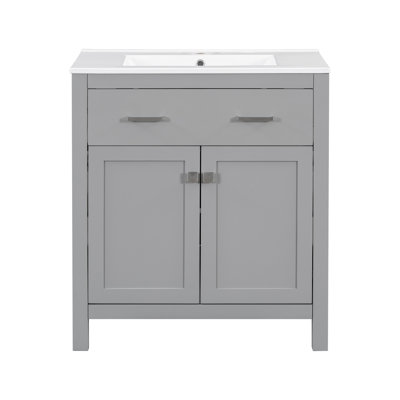 Meuble-lavabo moderne en gris avec double vasque, tiroir et portes à fermeture douce